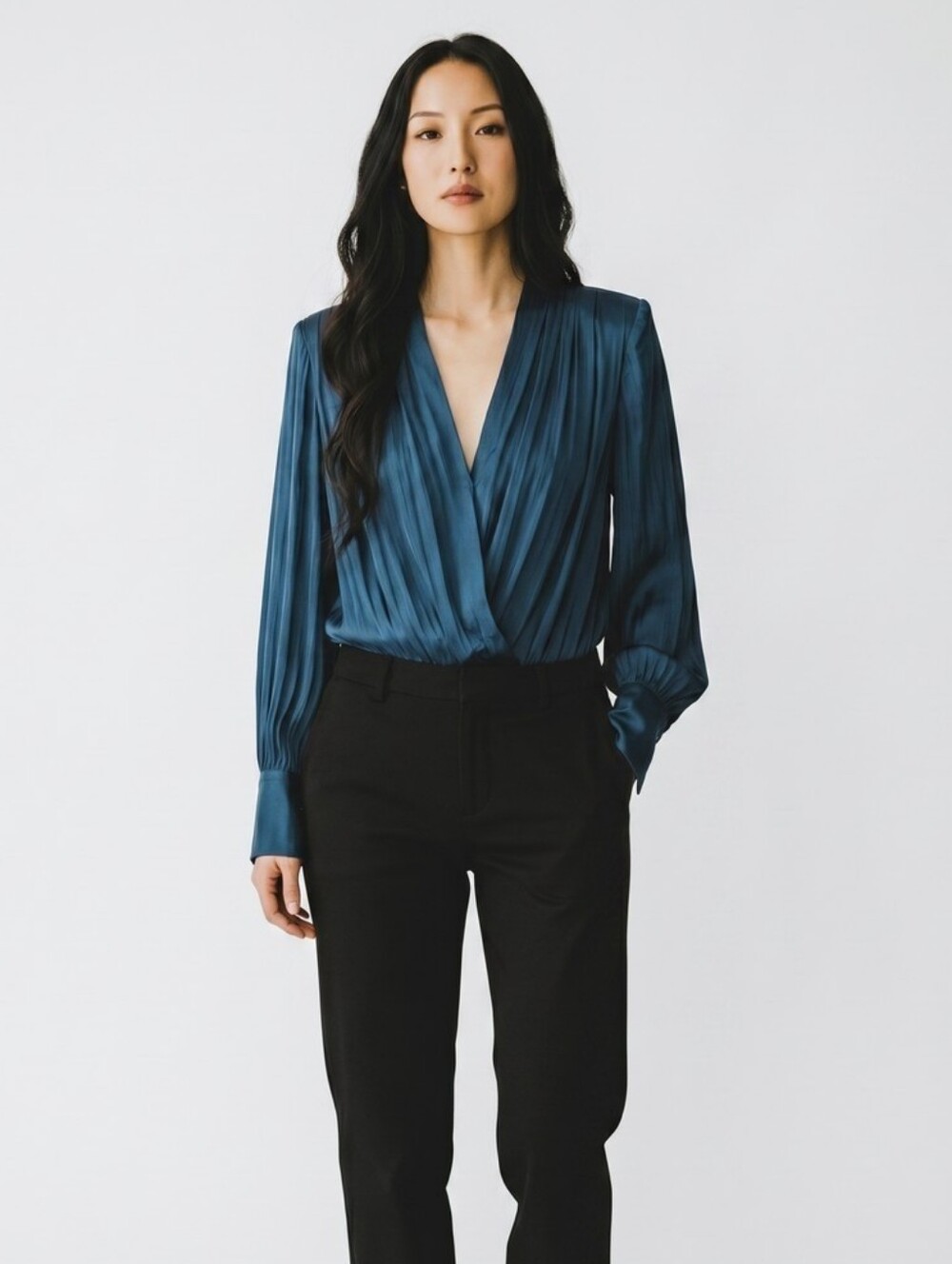 Dynamite Teal Pleated Wrap-Front Blouse/body